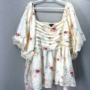 Torrid Womens Shirt Blouse 4X Floral Sheer Ruched Sleeves Boho Flowy Summer